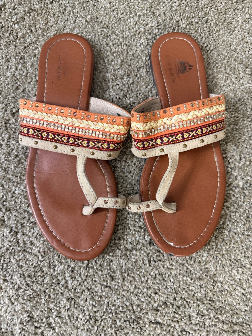Aloha Island Embellished Thong Sandals - Brown, Tan & Orange